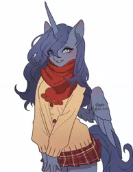 Size: 1146x1478 | Tagged: alicorn, anthro, artist:rd_3024, clothes, cute, derpibooru import, female, lunabetes, mare, princess luna, safe, scarf, simple background, skirt, solo, sweater, white background