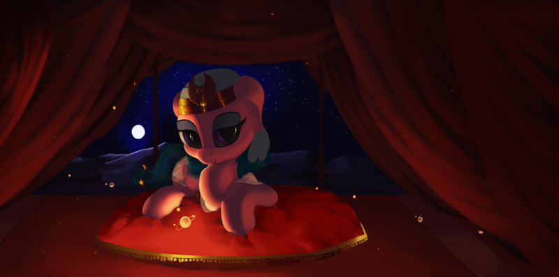 Size: 2322x1149 | Tagged: safe, artist:vultraz, derpibooru import, somnambula, pegasus, pony, bedroom eyes, curtain, female, full moon, moon, night, pillow, sitting, solo