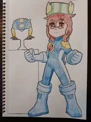 Size: 1280x1707 | Tagged: artist:stuanimeart, clothes, cosplay, costume, derpibooru import, glasses, hat, helmet, human, humanized, megaman battle network, megaman.exe, oc, oc:ferb fletcher, pony ears, safe, solo, traditional art, unofficial characters only, video game