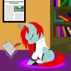 Size: 1200x1200 | Tagged: safe, artist:zethbsoul, derpibooru import, oc, oc:yvonne redfeather, unofficial characters only, alicorn, pony, bookshelf, quill, red mane, simple background, solo