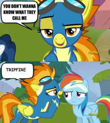 Size: 1279x1436 | Tagged: safe, derpibooru import, edit, edited screencap, screencap, rainbow dash, spitfire, pegasus, pony, newbie dash, accident, exploitable meme, implied accident, implied tripping, meme, spitfire's nickname, tripfire