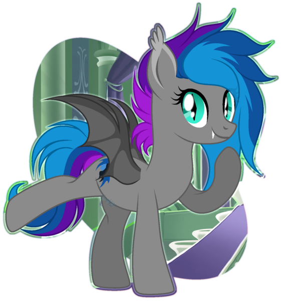 Size: 1500x1600 | Tagged: safe, artist:angelina-pax, derpibooru import, oc, oc:lyssa, unofficial characters only, bat pony, abstract background, bat pony oc, bat wings, ear fluff, fangs, raised hoof, raised leg, simple background, smiling, solo, transparent background, wings