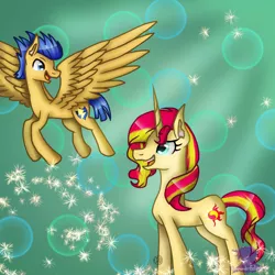 Size: 768x768 | Tagged: safe, artist:commandereclipse, derpibooru import, flash sentry, sunset shimmer, female, flashimmer, green background, male, shipping, simple background, straight