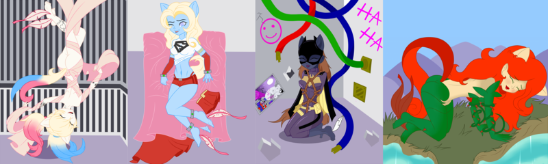 Size: 7300x2188 | Tagged: suggestive, artist:j053ph-d4n13l, derpibooru import, oc, oc:barbat gordon, oc:har-harley queen, oc:kara krypta, oc:poison ivy (ice1517), unofficial characters only, gargoyle, equestria girls, :), abs, ankle cuffs, ass, barefoot, bed, belly button, belt, blanket, bondage, breasts, butt, cape, cell, clothes, comic, commission, cuffs, equestria girls-ified, erotic tickling, eyes closed, eyeshadow, feather, feet, female, females only, femsub, fetish, foot fetish, gotham, grass, jacket, kryptonite, laughing, leather jacket, lipstick, makeup, mask, medriff, midriff, moon, multicolored hair, night, nudity, one eye closed, open mouth, panties, pants, plants, ponied up, pouch, prison cell, red underwear, ribbon, rope, rope bondage, shibari, shirt, shorts, skirt, skiy, sky, solo, solo female, submissive, suspended, t-shirt, tattoo, television, tickle fetish, tickle torture, tickling, underwear, upside down, vine, wall of tags, water, wires