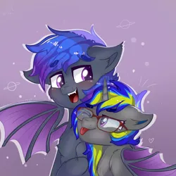 Size: 1024x1024 | Tagged: source needed, safe, artist:justkattyo, derpibooru import, oc, oc:grey, oc:rapid shadow, unofficial characters only, bat pony, unicorn, blushing, couple, covering, cozy, cuddling, ear fluff, fangs, freckles, gay, happy, hug, love, male, oc x oc, open mouth, playful, shipping, smiling, stallion, teeth, tongue out, wing covering, winghug, wings