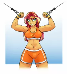 Size: 1024x1138 | Tagged: safe, artist:ambris, derpibooru import, sunset shimmer, equestria girls, 2020, 2020s, abs, abstract background, adorasexy, armpits, beautiful, beautisexy, belly button, biceps, breasts, busty sunset shimmer, cleavage, clothes, commission, confident, cute, cutie mark, cutie mark on clothes, female, fingerless gloves, gloves, gradient background, gym shorts, midriff, multicolored hair, muscles, muscular female, raised eyebrow, sexy, shorts, solo, sports bra, sunset lifter, teeth, thighs, underass, workout, yellow skin