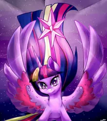 Size: 1024x1164 | Tagged: safe, artist:eateroflife, derpibooru import, twilight sparkle, twilight sparkle (alicorn), alicorn, pony, twilight's kingdom, cutie mark, cutie mark eyes, female, looking at you, magic, mare, rainbow power, solo, spread wings, wingding eyes, wings