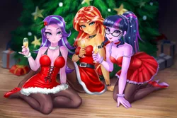 Size: 1800x1200 | Tagged: suggestive, artist:racoonsan, color edit, derpibooru import, edit, editor:drakeyc, sci-twi, starlight glimmer, sunset shimmer, twilight sparkle, equestria girls, alcohol, anime, armband, beautiful, beautisexy, bedroom eyes, bracelet, breasts, busty starlight glimmer, busty sunset shimmer, choker, christmas, christmas tree, cleavage, clothes, colored, costume, female, glass, glasses, high heels, holiday, holly, jewelry, legs, looking at you, nail polish, pantyhose, santa costume, sexy, sexy santa costume, shoes, skin color edit, smiling, strap slip, strapless, stupid sexy sci-twi, stupid sexy starlight glimmer, stupid sexy sunset shimmer, tights, tree, trio, trio female, wine, wine glass