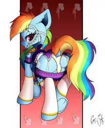 Size: 1080x1314 | Tagged: artist:emilywulfstudio, bridle, butt, clothes, derpibooru import, dock, explicit source, frog (hoof), garter belt, harness, heart eyes, leg warmers, looking at you, looking back, looking back at you, panties, rainbow dash, rainbutt dash, raised tail, saddle, sexy, stirrups, stupid sexy rainbow dash, suggestive, tack, tail, underhoof, underwear, wingding eyes