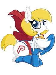 Size: 1280x1707 | Tagged: safe, artist:branewashpv, derpibooru import, ponified, earth pony, pony, blue eyes, boots, cape, chest fluff, clothes, cute, dc superhero girls, fluffy, gloves, power girl, shoes, simple background, solo, transparent background, white coat, yellow mane