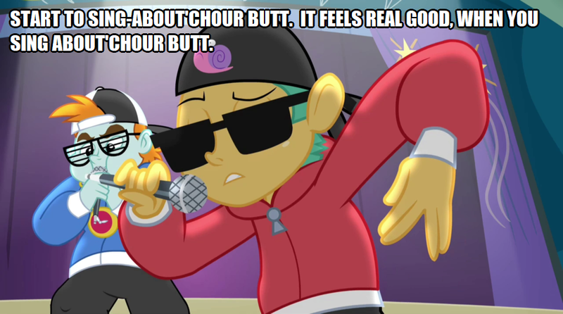 Size: 896x500 | Tagged: safe, derpibooru import, edit, edited screencap, screencap, snails, snips, equestria girls, rainbow rocks, booggie in your butt, butt, cap, clock, eddie murphy, hat, meme, microphone, rap, rapping, song reference, sunglasses