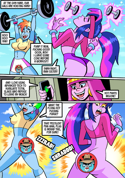 Size: 1000x1415 | Tagged: questionable, artist:curtsibling, author:doejohn88, derpibooru import, rainbow dash, twilight sparkle, comic:super bitch resort, equestria girls, adventure time, areola, bad language, beach, breasts, busty rainbow dash, busty twilight sparkle, censored, comic, crossover, erect nipples, female, females only, long hair, nipples, nudity, princess bubblegum, weight lifting, word balloon