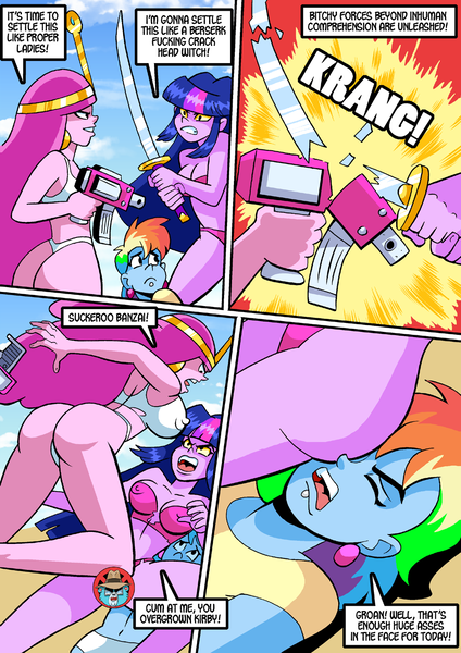 Size: 1000x1415 | Tagged: questionable, artist:curtsibling, author:doejohn88, derpibooru import, rainbow dash, twilight sparkle, comic:super bitch resort, equestria girls, adventure time, areola outline, beach, bikini, breasts, busty princess bubblegum, busty twilight sparkle, catfight, censored, clothes, comic, crossover, dialogue, erect nipples, female, females only, minigun, nipple outline, princess bubblegum, swimsuit, sword, weapon, word balloon