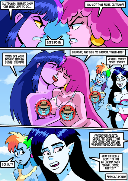 Size: 1000x1415 | Tagged: questionable, artist:curtsibling, author:doejohn88, derpibooru import, rainbow dash, twilight sparkle, comic:super bitch resort, equestria girls, adventure time, areola, bad language, beach, bikini, breasts, busty marceline, busty princess bubblegum, busty rainbow dash, busty twilight sparkle, catfight, censored, clothes, comic, crossover, dialogue, female, females only, french kiss, grope, kissing, long hair, marceline, nipples, nudity, princess bubblegum, swimsuit, word balloon