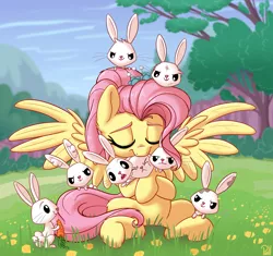 Size: 2296x2160 | Tagged: safe, artist:pirill, derpibooru import, angel bunny, fluttershy, pegasus, pony, rabbit, the last problem, accessories, animal, bush, cloud, cute, daaaaaaaaaaaw, dandelion, ear fluff, eyes closed, female, flower, grass, grass field, ground, high res, hnnng, hug, male, mare, mountain, older, older fluttershy, path, scenery, shyabetes, signature, sitting, sky, smiling, solo focus, spread wings, tail, tree, weapons-grade cute, when you see it, wings