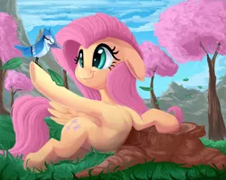Size: 2000x1603 | Tagged: safe, artist:discorded, derpibooru import, fluttershy, bird, blue jay, pegasus, pony, armpits, cherry blossoms, cute, female, floppy ears, flower, flower blossom, leaf, leaves, mare, shyabetes, side, solo, tree, tree stump