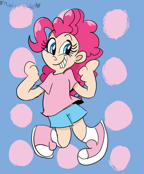 Size: 663x800 | Tagged: artist:mirabuncupcakes15, clothes, converse, derpibooru import, female, human, humanized, pinkie pie, rin, safe, shirt, shoes, shorts, socks, solo, t-shirt