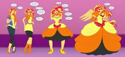 Size: 4355x2000 | Tagged: suggestive, artist:runningtoaster, derpibooru import, sunset shimmer, oc, alicorn, anthro, human, plantigrade anthro, equestria girls, alicornified, big breasts, boots, breast expansion, breasts, busty sunset shimmer, character to character, cleavage, clenched fist, clothes, commission, crown, curvy, dress, evening gloves, female, fingerless elbow gloves, fingerless gloves, flexing, gloves, gown, grin, gritted teeth, growth, high heels, high res, hourglass figure, huge breasts, human oc, human to anthro, image, impossibly large dress, jewelry, leggings, long gloves, male to female, necklace, onomatopoeia, open mouth, pants, png, poofy shoulders, race swap, regalia, rule 63, shimmercorn, shirt, shoes, simple background, smiling, speech bubble, transformation, transformation sequence, transforming clothes, transgender transformation, vest