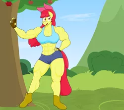 Size: 4030x3574 | Tagged: safe, alternate version, artist:matchstickman, derpibooru import, apple bloom, anthro, earth pony, plantigrade anthro, abs, apple, apple bloom's bow, apple brawn, apple tree, armpits, biceps, boots, bow, breasts, busty apple bloom, clothes, deltoids, female, fingerless gloves, food, gloves, hair bow, hand on hip, looking at you, mare, matchstickman's apple brawn series, midriff, muscles, muscular female, no dialogue, older, older apple bloom, pecs, shoes, short jeans, solo, sports bra, sweet apple acres, thighs, thunder thighs, tree