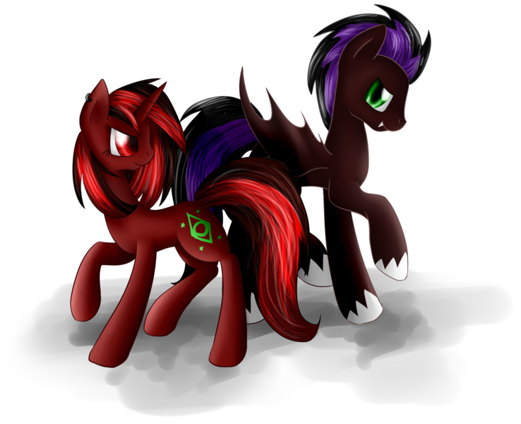 Size: 2400x1950 | Tagged: safe, artist:mufflinka, derpibooru import, oc, oc:anzu, oc:fuego, unofficial characters only, bat pony, unicorn, bat pony oc, bat wings, red and black mane, red and black oc, red eyes, simple background, transparent background, wings