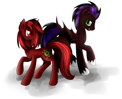 Size: 2400x1950 | Tagged: safe, artist:mufflinka, derpibooru import, oc, oc:anzu, oc:fuego, unofficial characters only, bat pony, unicorn, bat pony oc, bat wings, red and black mane, red and black oc, red eyes, simple background, transparent background, wings