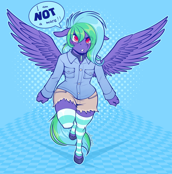 Size: 1973x2000 | Tagged: anthro, anthro oc, artist:melangetic, clothes, collar, crossdressing, cute, derpibooru import, femboy, male, no source available, oc, oc:weldbead, pegasus, pouting, safe, shorts, simple background, socks, solo, stallion, striped socks, thigh highs, trap, unguligrade anthro, unofficial characters only