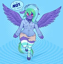 Size: 1973x2000 | Tagged: anthro, anthro oc, artist:melangetic, clothes, collar, crossdressing, cute, derpibooru import, femboy, male, no source available, oc, oc:weldbead, pegasus, pouting, safe, shorts, simple background, socks, solo, stallion, striped socks, thigh highs, trap, unguligrade anthro, unofficial characters only