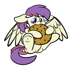 Size: 2160x2170 | Tagged: safe, artist:kimjoman, derpibooru import, oc, oc:evensong, unofficial characters only, pegasus, cookie, female, food, giant cookie, nom, ponytail, simple background, solo, spread wings, transparent background, underhoof, wings