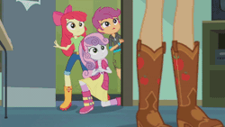 Size: 1200x676 | Tagged: safe, derpibooru import, screencap, apple bloom, applejack, scootaloo, sweetie belle, equestria girls, equestria girls series, happily ever after party, animated, apple bloom's bow, boots, bow, box, chair, clothes, cowboy boots, cutie mark crusaders, desk, door, gif, hair bow, happily ever after party: applejack, hoodie, jacket, jeans, lantern, pants, projector, shoes, shorts, skirt, sneaking