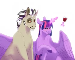 Size: 4000x3200 | Tagged: safe, artist:mandywuuf8, derpibooru import, discord, twilight sparkle, twilight sparkle (alicorn), alicorn, pony, alcohol, blushing, discolight, female, glass, glowing horn, horn, levitation, looking away, magic, male, mare, one wing out, pony discord, shipping, simple background, stallion, straight, telekinesis, white background, wine, wine glass, wings