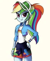 Size: 1660x2000 | Tagged: safe, artist:sadtrooper, derpibooru import, rainbow dash, equestria girls, equestria girls series, spoiler:eqg series (season 2), 2020, 2020s, beautiful, cap, clothes, confident, cute, dashabetes, female, geode of super speed, hand on hip, hat, image, jacket, legs, looking at you, magical geodes, png, ponytail, rainbow, raised eyebrow, sexy, shirt, shorts, simple background, smiling, smirk, solo, t-shirt, thighs, tomboy, visor, white background, wristband