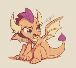 Size: 1200x1085 | Tagged: angry, artist:assasinmonkey, cute, derpibooru import, dragon, dragoness, female, looking sideways, madorable, open mouth, safe, simple background, sitting, smolder, smolderbetes, solo, spread wings, tan background, wings