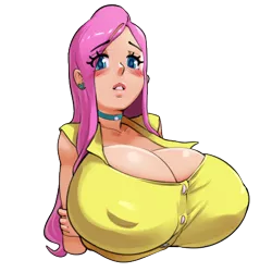 Size: 460x460 | Tagged: suggestive, artist:pornomagnum, derpibooru import, fluttershy, bat pony, human, big breasts, blushing, breasts, busty fluttershy, choker, chokershy, cleavage, clothes, ear piercing, erect nipples, female, flutterbat, huge breasts, humanized, impossibly large breasts, looking at you, nipple outline, piercing, race swap, shirt, simple background, solo, solo female, transparent background