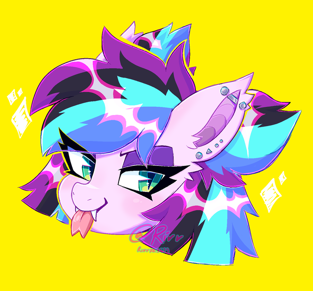 Size: 1200x1118 | Tagged: safe, artist:glitterring, derpibooru import, pony, ear piercing, earring, eyeliner, fangs, forked tongue, jewelry, makeup, open mouth, piercing, signature, simple background, slit eyes, solo