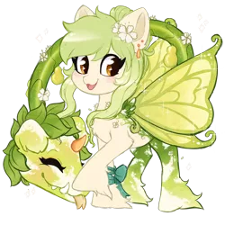 Size: 1280x1280 | Tagged: safe, artist:glitterring, derpibooru import, cow plant pony, monster pony, original species, plant pony, :p, augmented tail, bow, butterfly wings, ear piercing, eyes closed, fangs, female, flower, flower in hair, forked tongue, hoof fluff, horn, piercing, plant, simple background, smiling, tongue out, transparent background, wings