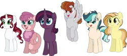 Size: 1280x567 | Tagged: safe, artist:darlyjay, artist:klawiee, derpibooru import, oc, unofficial characters only, earth pony, hybrid, pegasus, pony, unicorn, abyssinian hybrid, base used, closed, female, freckles, interspecies offspring, magical lesbian spawn, mare, movie accurate, next generation, offspring, parent:applejack, parent:big macintosh, parent:capper, parent:flam, parent:fluttershy, parent:pinkie pie, parent:rainbow dash, parent:rarity, parent:shining armor, parent:svengallop, parent:tempest shadow, parent:twilight sparkle, parents:capperpie, parents:fluttermac, parents:rariflam, parents:shiningjack, parents:svendash, parents:tempestlight, simple background, transparent background