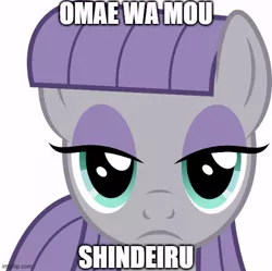 Size: 502x500 | Tagged: safe, derpibooru import, edit, maud pie, earth pony, pony, the gift of the maud pie, caption, female, hokuto no ken, image macro, imminent death, impact font, kenshiro, looking at you, mare, meme, nani, omae wa mou shindeiru, simple background, solo, stare, text, the fire in her eyes, white background, you are already dead