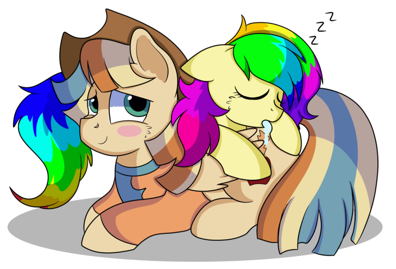 Size: 1280x870 | Tagged: safe, artist:rainbowtashie, author:bigonionbean, derpibooru import, braeburn, wind waker (character), oc, oc:rainbow tashie, oc:spicy cider, earth pony, pegasus, pony, clothes, commissioner:bigonionbean, couple, cowboy hat, cute, drool, female, fusion, fusion:spicy cider, hat, in love, jumpsuit, laying on stomach, male, mare, simple background, sleeping, stallion, transparent background