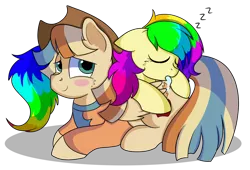 Size: 1280x870 | Tagged: safe, artist:rainbowtashie, author:bigonionbean, derpibooru import, braeburn, wind waker (character), oc, oc:rainbow tashie, oc:spicy cider, earth pony, pegasus, pony, clothes, commissioner:bigonionbean, couple, cowboy hat, cute, drool, female, fusion, fusion:spicy cider, hat, in love, jumpsuit, laying on stomach, male, mare, simple background, sleeping, stallion, transparent background