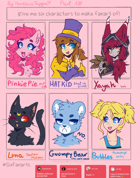 Size: 1971x2500 | Tagged: safe, artist:tenebristayga, derpibooru import, pinkie pie, cat, earth pony, human, pony, six fanarts, :d, a hat in time, bubbles (powerpuff girls), bust, care bears, chest fluff, clothes, crossover, female, frown, grumpy bear, hat, hat kid, league of legends, luna (sailor moon), mare, one eye closed, sailor moon, the powerpuff girls, top hat, wink, xayah