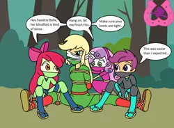 Size: 1097x808 | Tagged: safe, artist:author92, derpibooru import, apple bloom, applejack, scootaloo, sweetie belle, equestria girls, alternate costumes, blindfold, bondage, bound and gagged, brightly colored ninjas, cleave gag, cutie mark crusaders, female, forest, gag, kunoichi, mask, ninja, rope, sandals, sibling rivalry, siblings, sisters, tied up