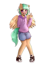 Size: 2893x4092 | Tagged: alternate version, anthro, artist:koizumisho, background removed, clothes, commission, cute, derpibooru import, female, hoodie, oc, oc:mango foalix, peace sign, pegasus, pegasus oc, safe, shorts, simple background, solo, transparent background, wings, ych result