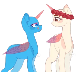 Size: 2353x2249 | Tagged: safe, artist:paintpalet35, derpibooru import, oc, unofficial characters only, alicorn, pony, alicorn oc, base, blushing, duo, floral head wreath, flower, horn, licking, licking lips, looking at each other, simple background, smiling, tongue out, transparent background, wings