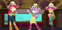 Size: 1200x592 | Tagged: safe, derpibooru import, screencap, apple bloom, scootaloo, sweetie belle, eqg summertime shorts, equestria girls, the canterlot movie club, animated, boots, cinema, clothes, cutie mark crusaders, gif, hat, jeans, looking at something, pants, pointing, running, shirt, shoes, shorts, skirt, smiling