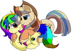 Size: 1280x917 | Tagged: safe, artist:rainbowtashie, author:bigonionbean, derpibooru import, braeburn, wind waker (character), oc, oc:rainbow tashie, oc:spicy cider, earth pony, pegasus, pony, blushing, clothes, commissioner:bigonionbean, cowboy hat, cute, cutie mark, dawwww, fusion, fusion:spicy cider, hat, hug, in love, jumpsuit, laying on stomach, licking, love, romantic, simple background, stetson, tongue out, transparent background