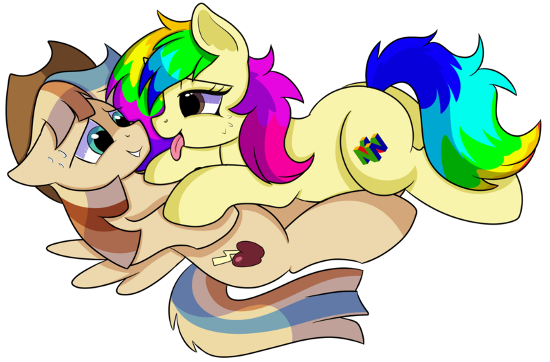 Size: 1280x843 | Tagged: safe, artist:rainbowtashie, author:bigonionbean, derpibooru import, braeburn, wind waker (character), oc, oc:rainbow tashie, oc:spicy cider, earth pony, pegasus, pony, blushing, boop, commissioner:bigonionbean, cowboy hat, cute, cutie mark, dawwww, fusion, fusion:spicy cider, hat, in love, love, on back, romantic, simple background, stetson, tongue out, transparent background