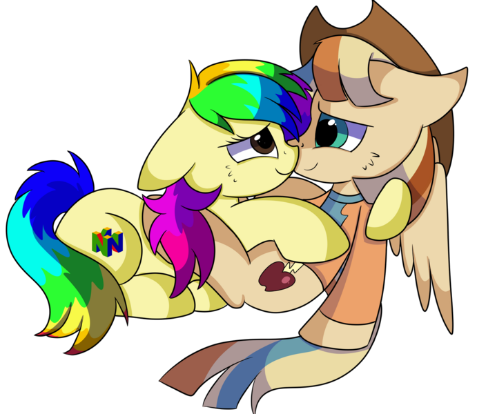 Size: 1280x1111 | Tagged: safe, artist:rainbowtashie, author:bigonionbean, derpibooru import, braeburn, wind waker (character), oc, oc:rainbow tashie, oc:spicy cider, earth pony, pegasus, pony, blushing, boop, clothes, commissioner:bigonionbean, cowboy hat, cute, cutie mark, dawwww, dummy thicc, fusion, fusion:spicy cider, hat, in love, jumpsuit, love, romantic, simple background, stetson, transparent background