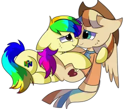 Size: 1280x1111 | Tagged: safe, artist:rainbowtashie, author:bigonionbean, derpibooru import, braeburn, wind waker (character), oc, oc:rainbow tashie, oc:spicy cider, earth pony, pegasus, pony, blushing, boop, clothes, commissioner:bigonionbean, cowboy hat, cute, cutie mark, dawwww, dummy thicc, fusion, fusion:spicy cider, hat, in love, jumpsuit, love, romantic, simple background, stetson, transparent background