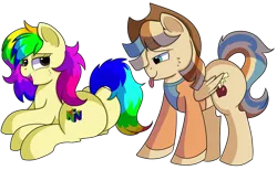 Size: 1280x786 | Tagged: safe, artist:rainbowtashie, author:bigonionbean, derpibooru import, braeburn, wind waker (character), oc, oc:rainbow tashie, oc:spicy cider, earth pony, pegasus, pony, butt, clothes, commissioner:bigonionbean, cowboy hat, cutie mark, dawwww, fusion, fusion:spicy cider, hat, in love, jumpsuit, large butt, love, plot, romantic, simple background, stetson, sultry pose, tongue out, transparent background