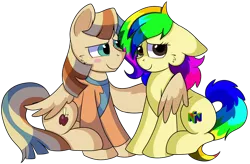 Size: 1280x839 | Tagged: safe, artist:rainbowtashie, author:bigonionbean, derpibooru import, braeburn, wind waker (character), oc, oc:rainbow tashie, oc:spicy cider, earth pony, pegasus, pony, blushing, clothes, commissioner:bigonionbean, cute, cutie mark, dawwww, dummy thicc, fusion, fusion:spicy cider, hug, in love, jumpsuit, love, romantic, simple background, transparent background, winghug